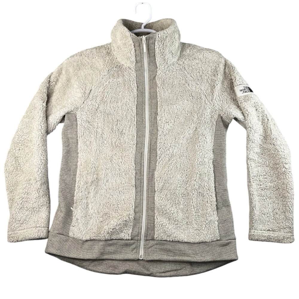 The North Face Womens Fleece Jacket Beige Mock Neck Zip Up Long Sleeve Pockets M